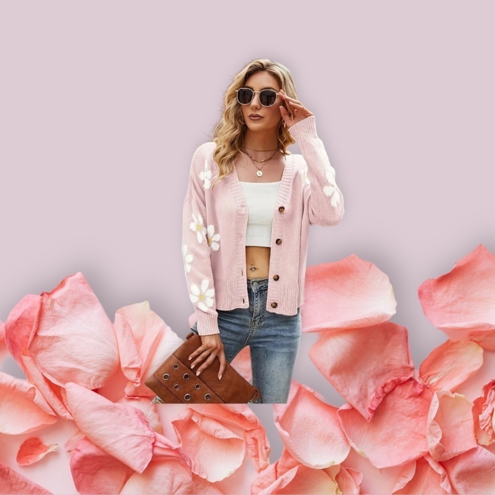 Beautiful Cardigan Floral Print V-Neck Long Sleeve Knit Pink